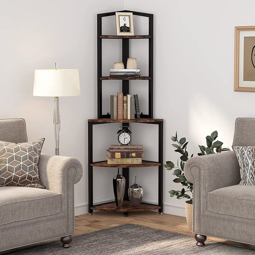 60 Inch Tall Corner Shelf  5 Tier Small Bookcase  Industrial Plant Stand for Living Room  Bedroom  Home Office