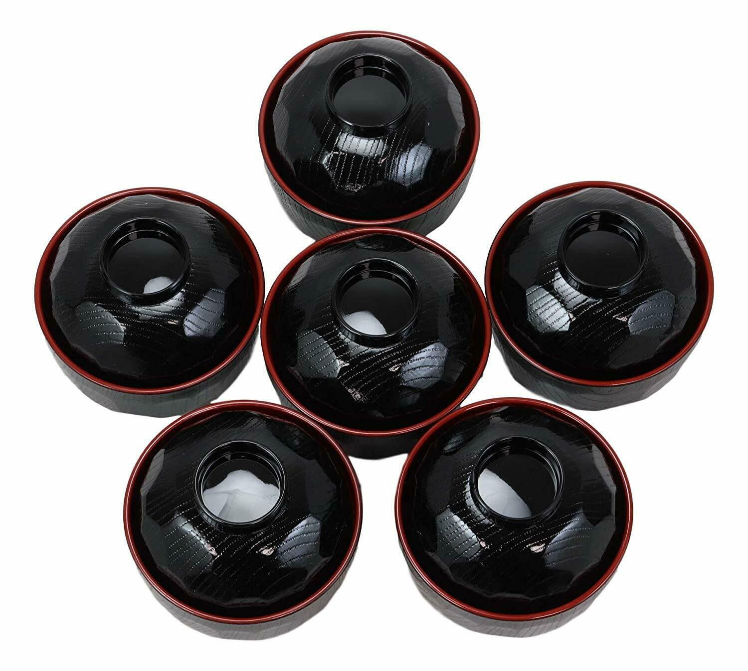 1 Honeycomb Ridged Black Red Lacquer Plastic Bowl With Lid Set of 6 EBR02