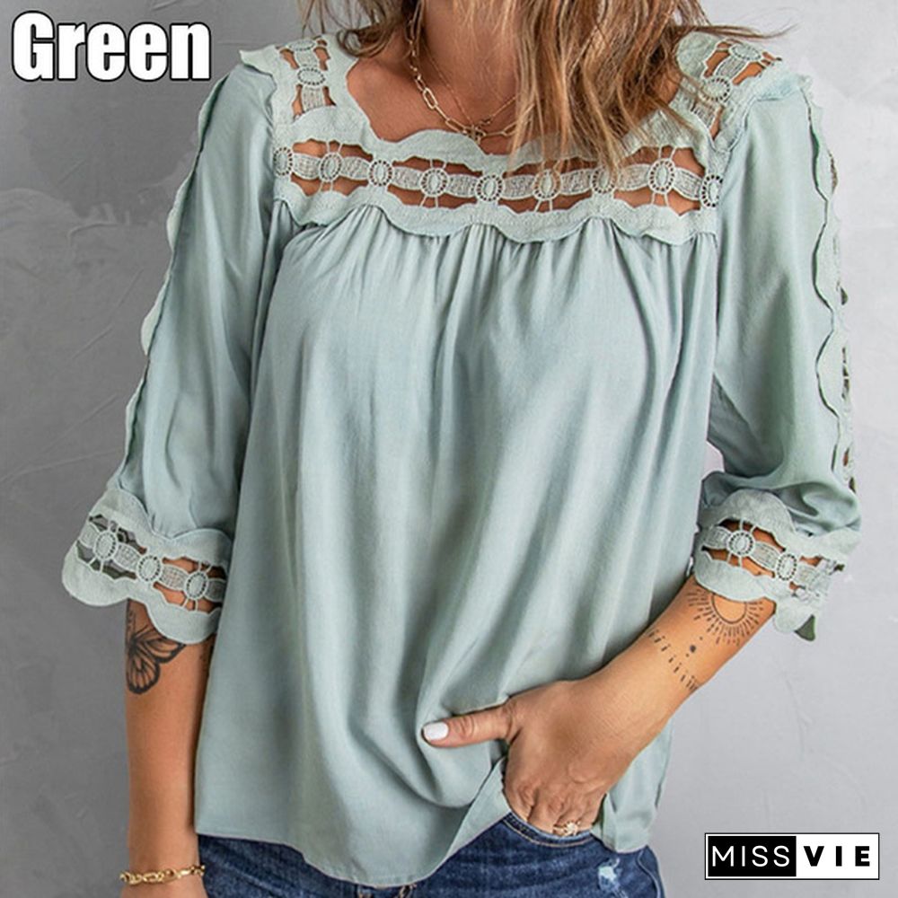 Spring and Summer Women's Stitching Lace Loose Top Casual Mid-sleeve T-shirt