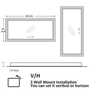 ES-DIY 60 in. W x 28 in. H Large Rectangular Frameless LED Dimmable Wall Bathroom Vanity Mirror with Clock in Silver HOZ3KMBM6028FA