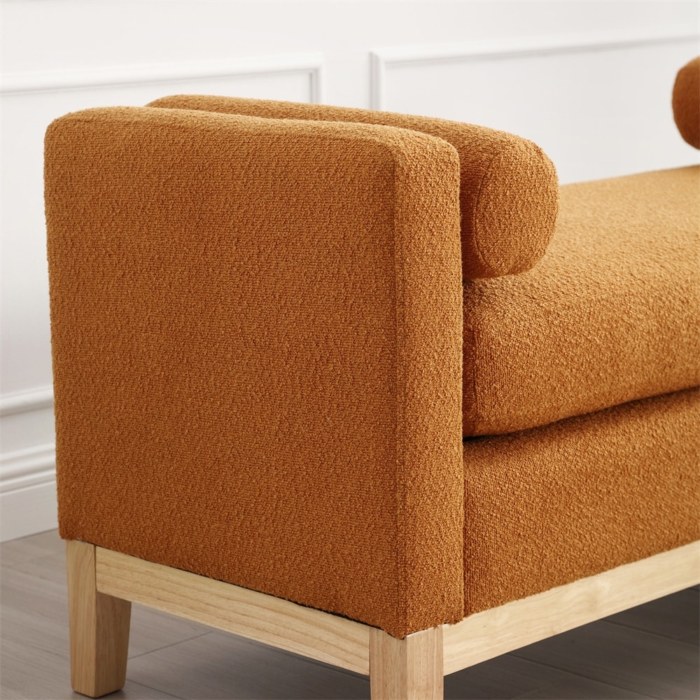 Elegant Upholstered Bench Ottoman with Wood Legs   Bolster Pillows