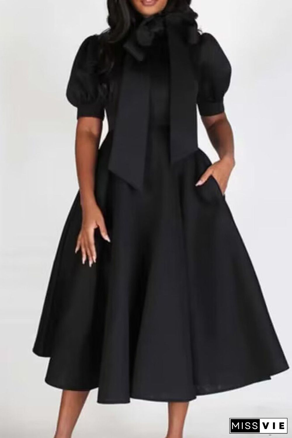 Black Casual Solid Patchwork With Bow Ribbon Collar A Line Dresses