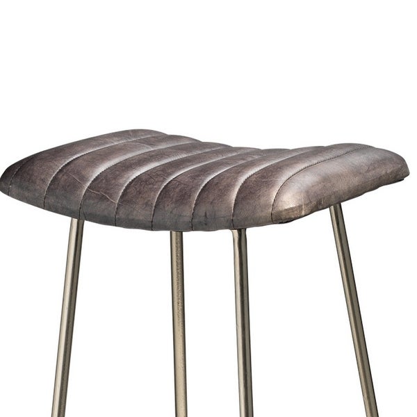 Bar Stool with Stitched Leatherette Seat， Silver and Gray