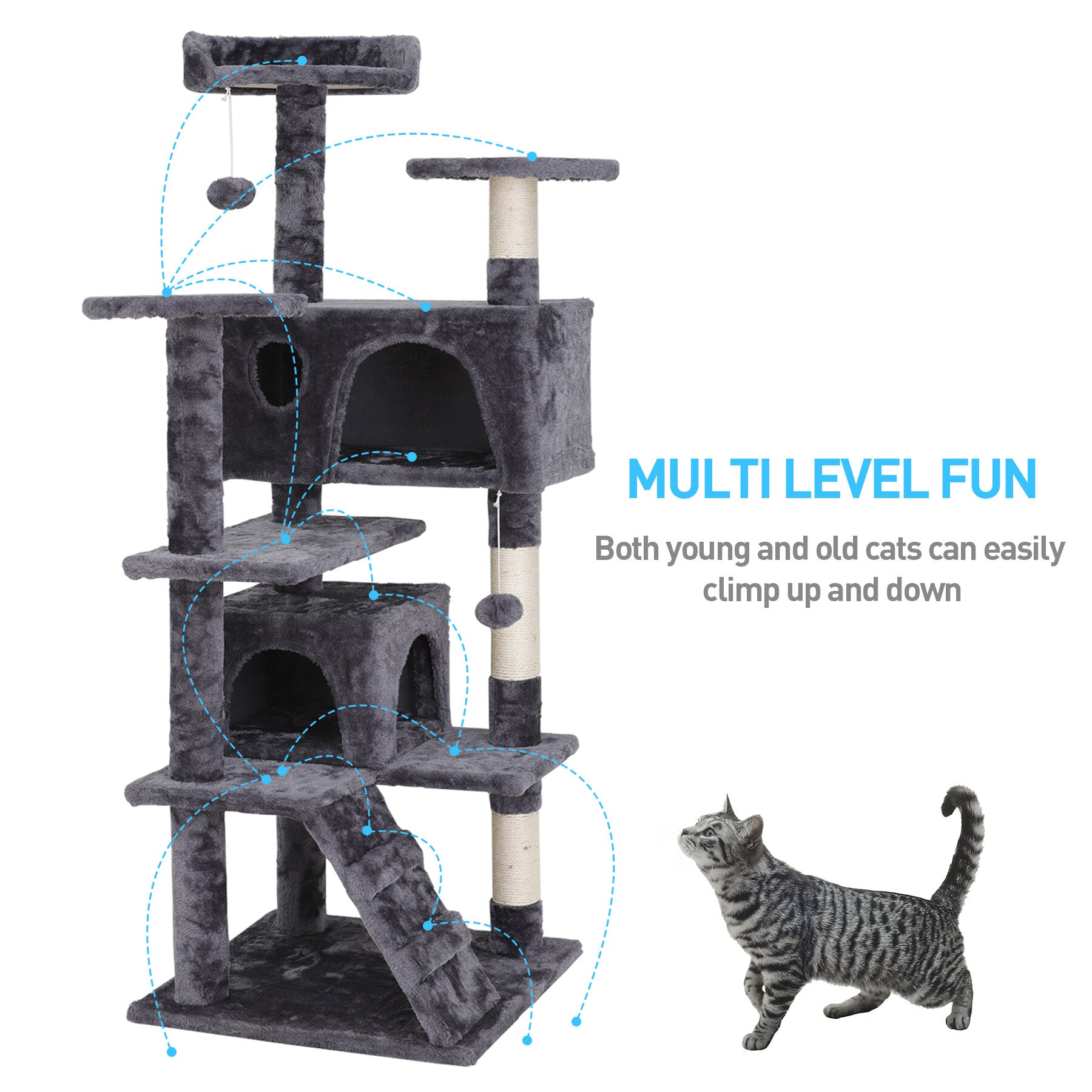 HomGarden 55''H Multi-Level Soft Cat Tree Condo Cat Tower W/Scratching Posts and Top Perch， Gray