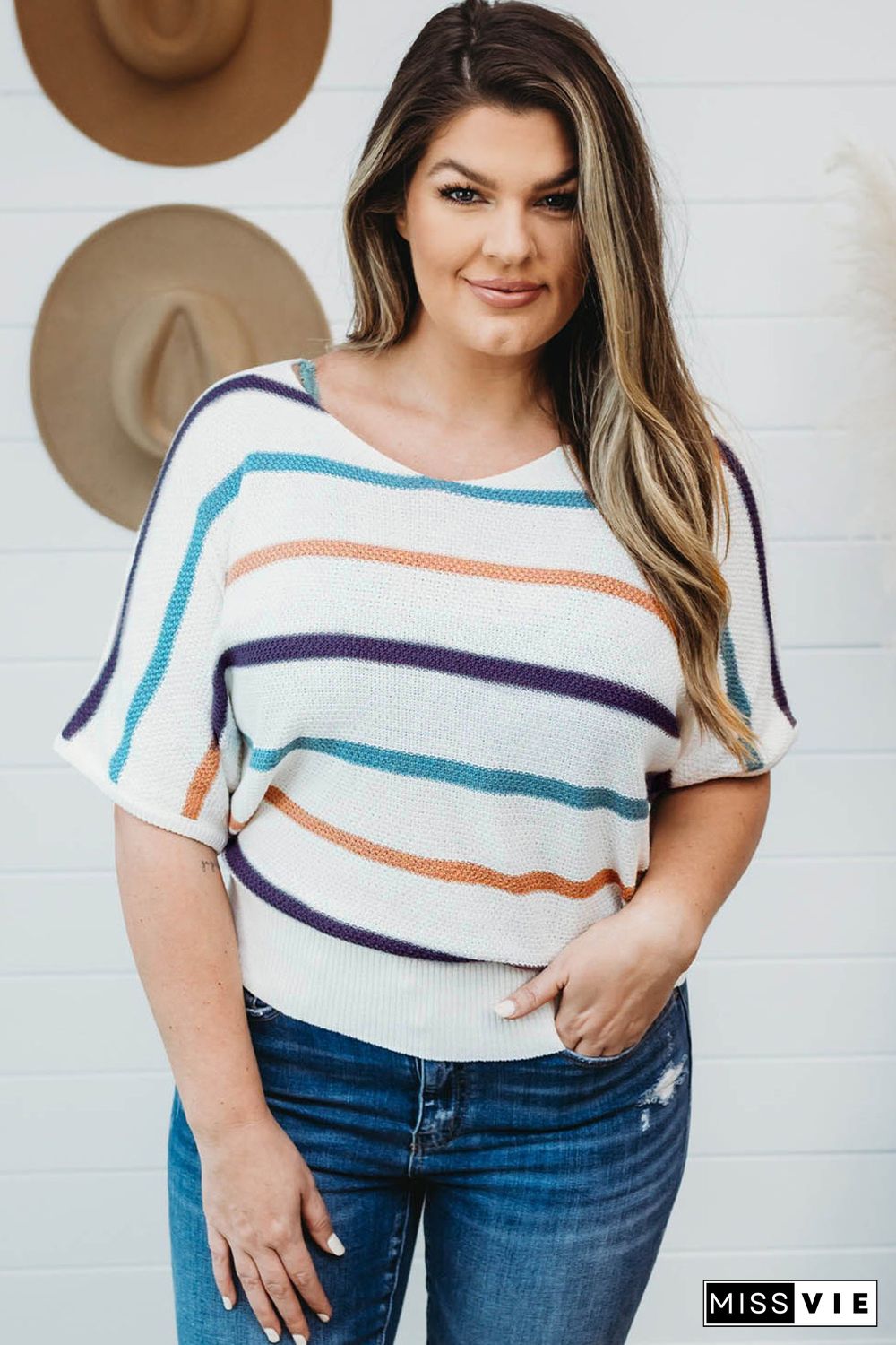 Plus Size Multicolor Striped Knit Short Sleeve Top