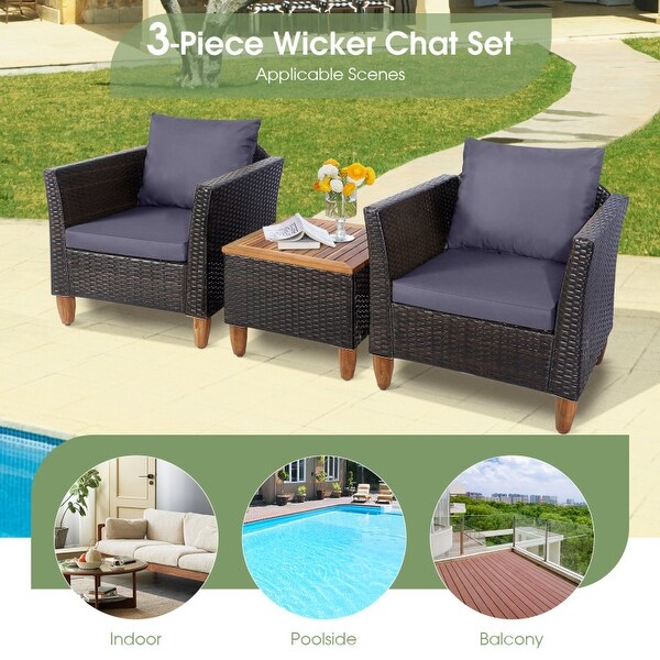 3 Pieces Patio Rattan Bistro Furniture Set with Wooden Table Top