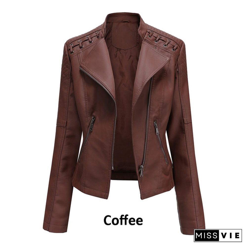 New Autumn Women Leather Slim Stand-up Collar Jacket Female Zipper Solid Long-sleeved Faux Leather Motorcycle Coat