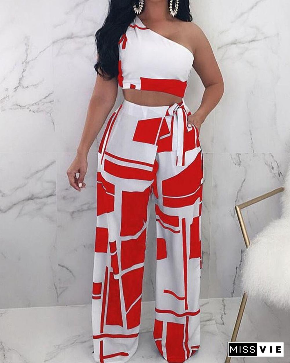 Colorblock One Shoulder Cropped Wide Pants Set P10968