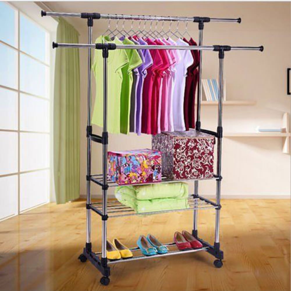 Ktaxon Clothing Garment Rack Adjustable Height Double Hanging Rail with 3-Tier Shelves