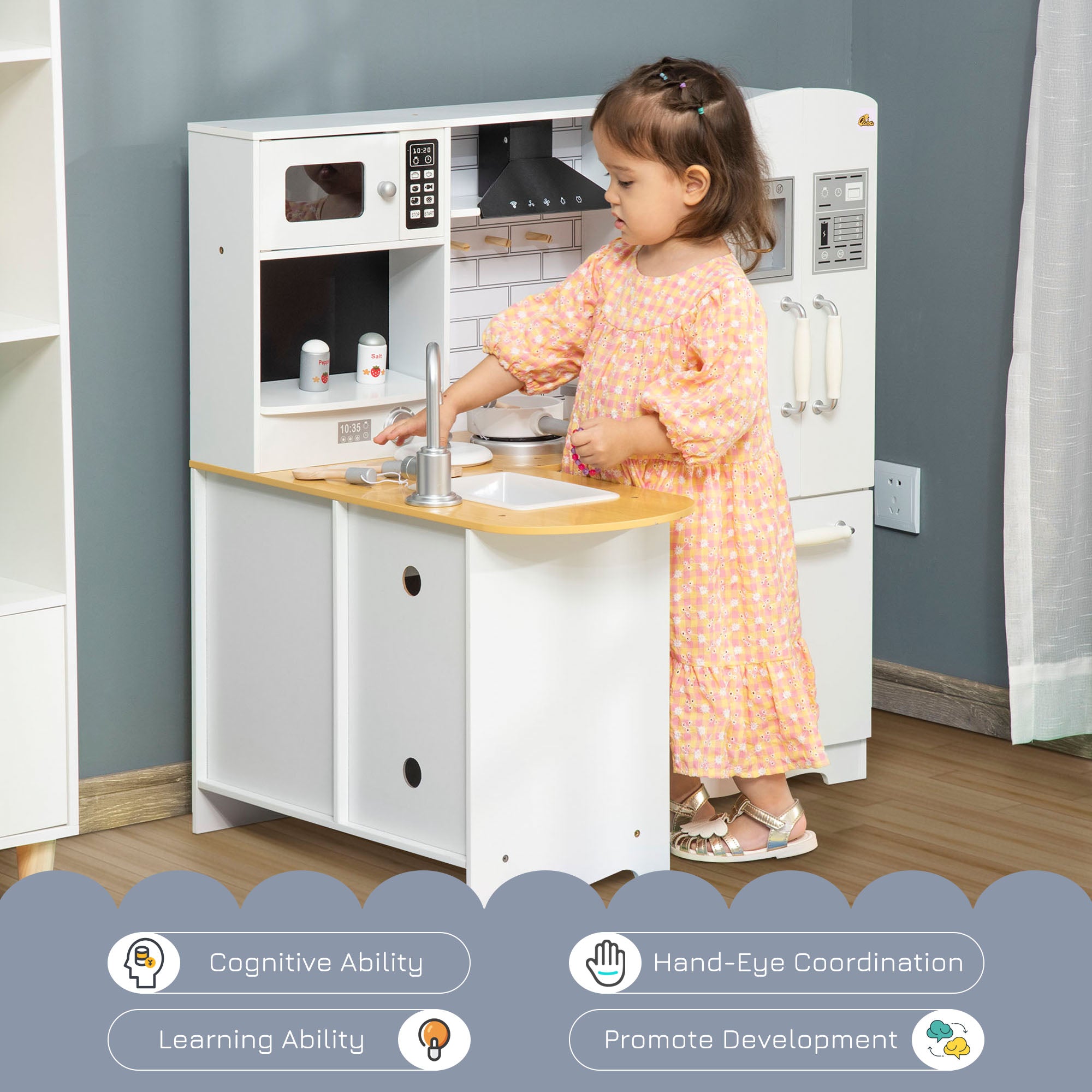 Qaba Kids Corner Kitchen Pretend Play Toy w/ Sound for Boys and Girls White