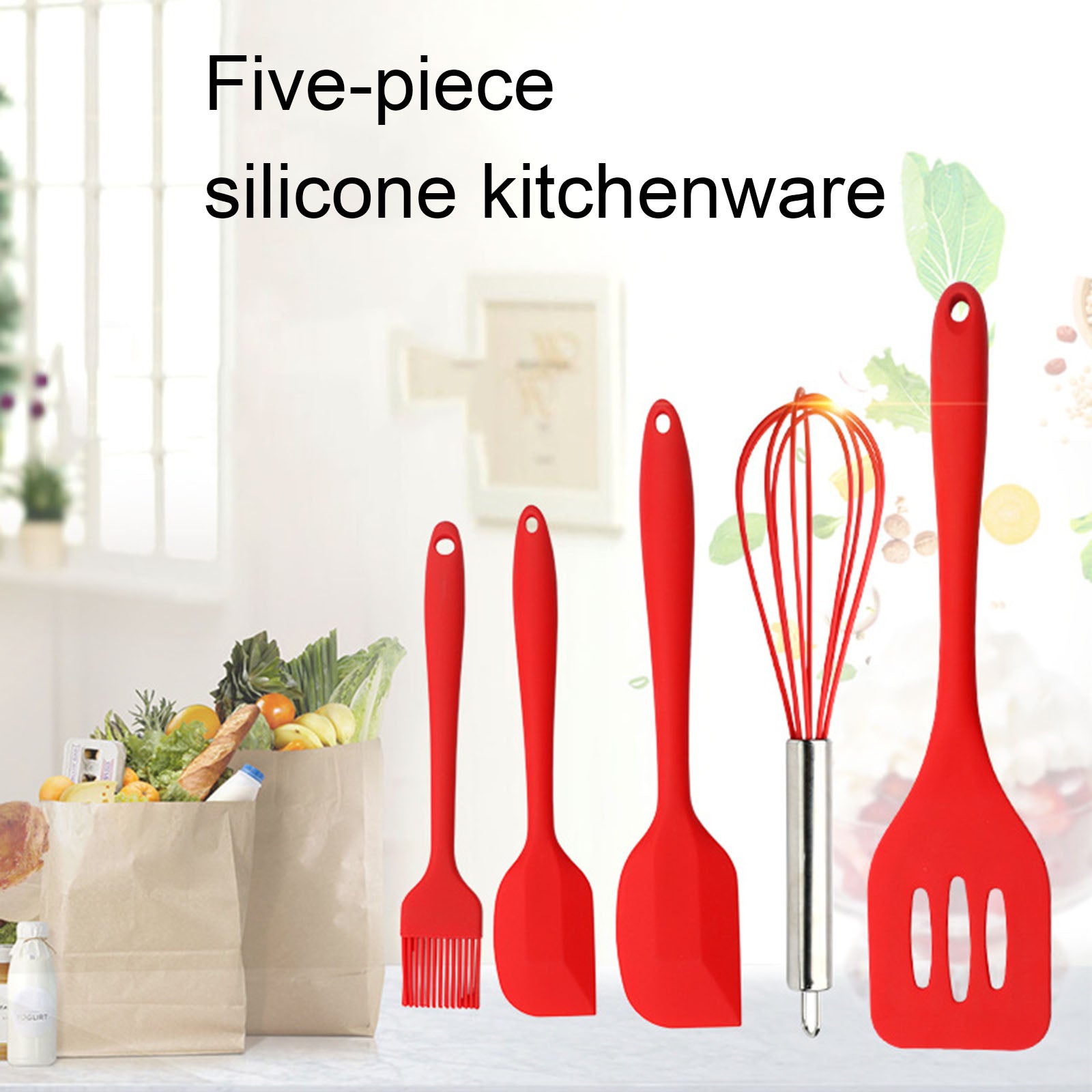 5Pcs Silicone Kitchen Utensils Set Nonstick Whisk Spatula Heat-Resistant Silicone Kitchen Cooking Tools Baking Cookware Gadgets Spatula Spoon Set