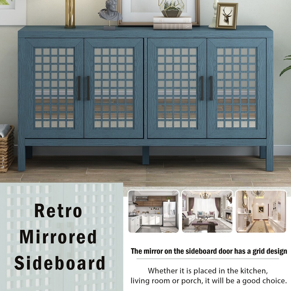 Retro Mirrored Sideboard with Closed Grain Pattern  Accent Storage Cabinet Buffet Cabinet for Dining Room  Living Room Kitchen