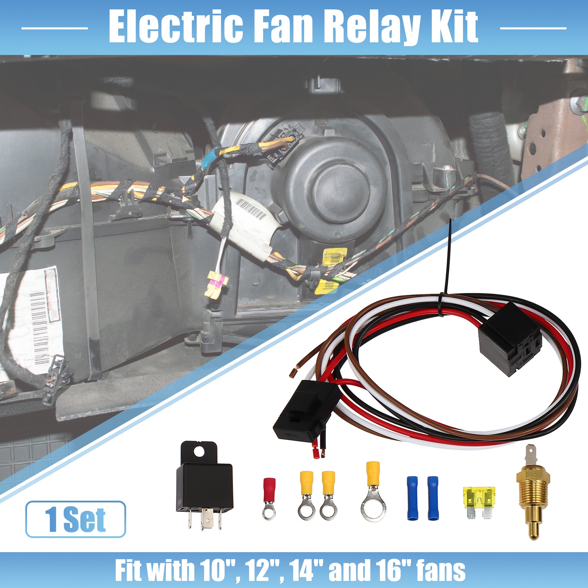 Electric Fan Relay Kit with 185'F on-175'F off Thread-In Probe 40A Radiator Electric Cooling Fan Wiring Kit 1 Set