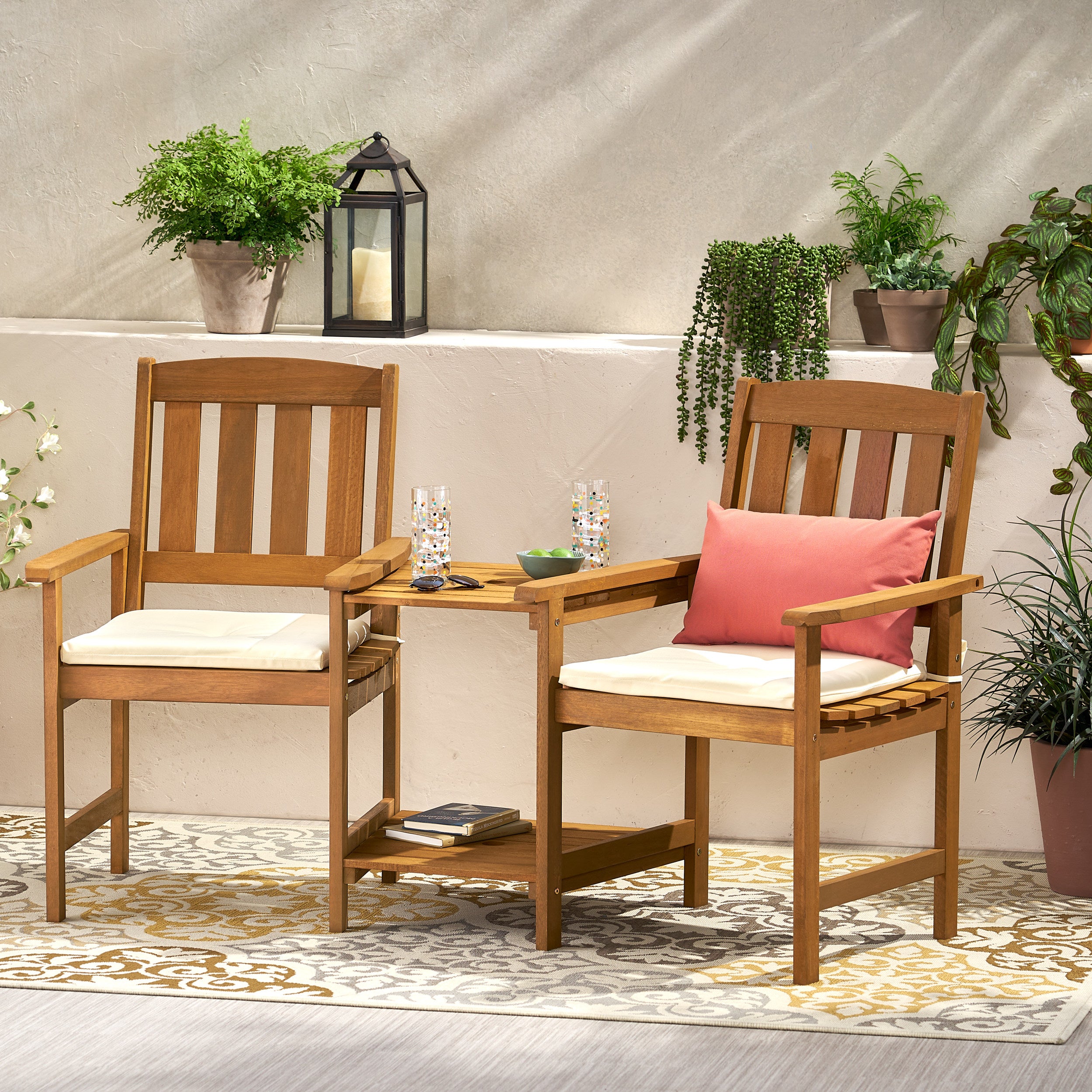 Las Brisas Outdoor Wood Adjoining 2-Seater Chairs with Cushions