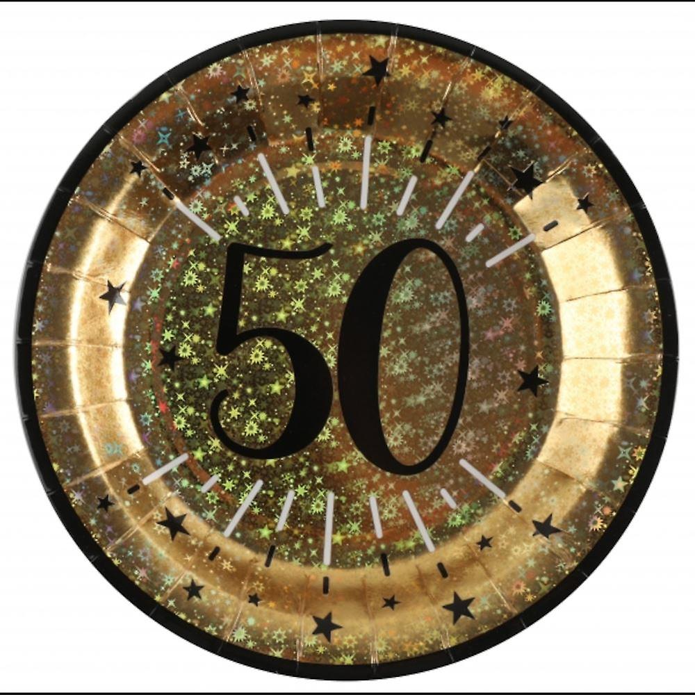 Black Gold 50th Birthday Paper Plates | Sparkling Foil Age 50 Partyware x 10