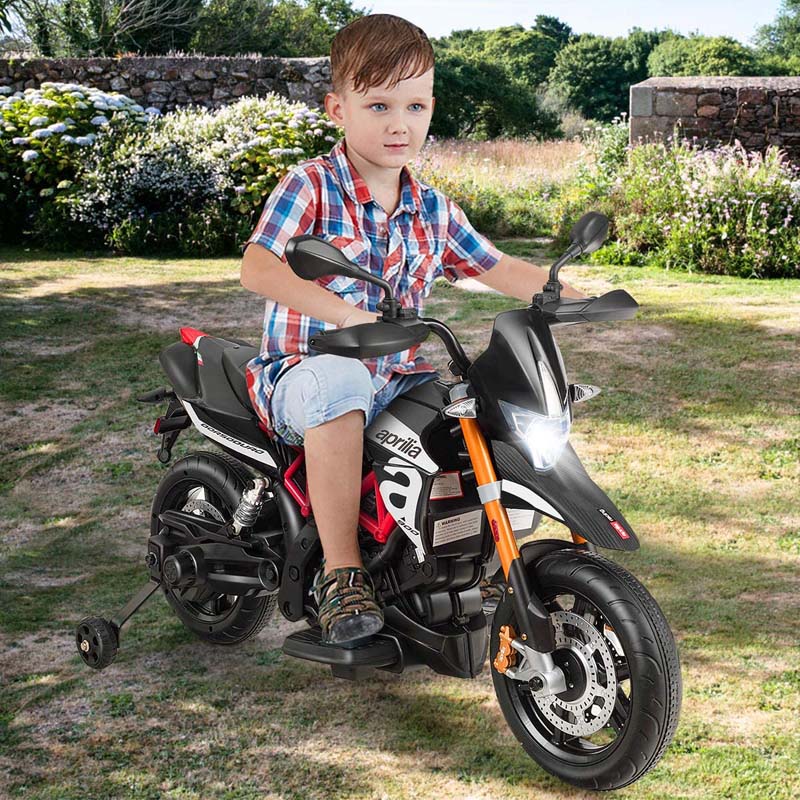 Licensed Aprilia Kids Ride on Motorcycle 12V Battery Powered Dirt Bike Riding Toy Motorbike with Training Wheels