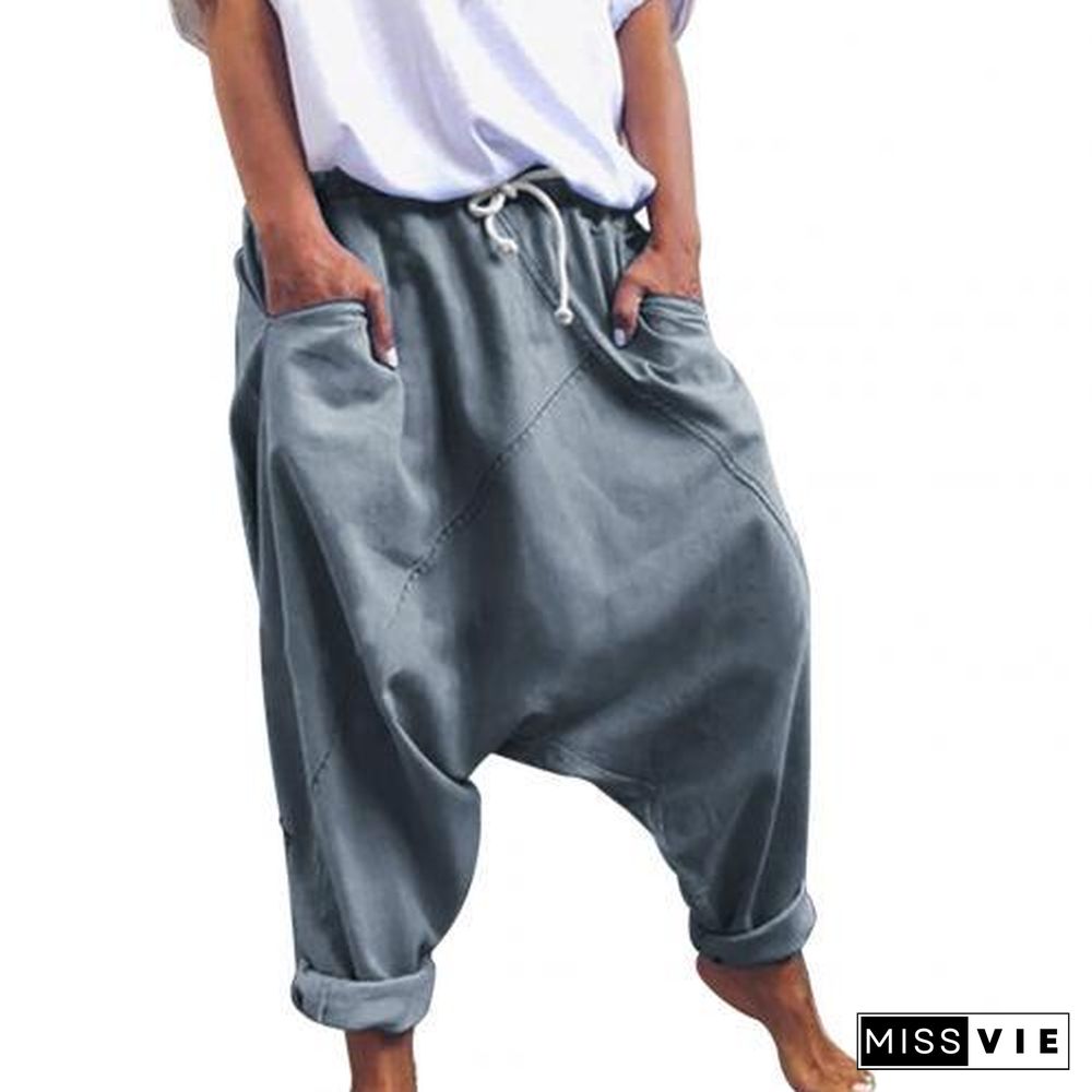 Women Casual Drawstring Pockets Drop Crotch Baggy Long Trousers Harem Pants P16400