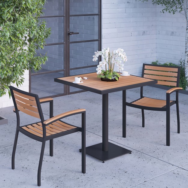 Merrick Lane Set Of Two Aluminum Stacking Chairs With Faux Teak Slatted Back And Seat And Faux Teak Accented Arms