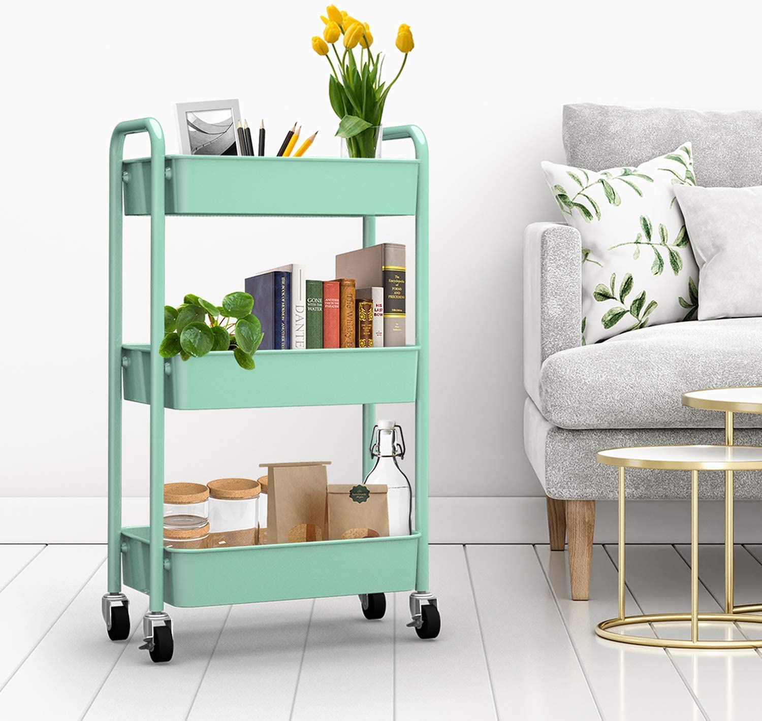 CAXXA 3-Tier Rolling Metal Storage Organizer - Mobile Utility Cart， Kitchen Cart with Caster Wheels (Aqua Green)