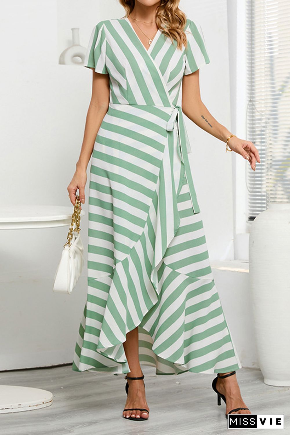 Stripes Splicing Irregular Ruffle Maxi Dress