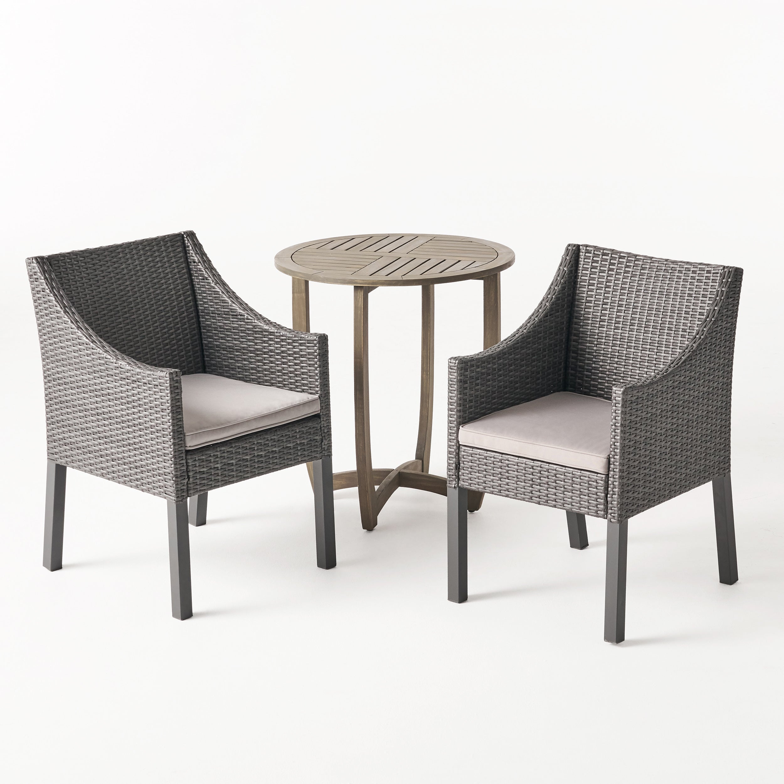 Matthew Outdoor 3 Piece Wood and Wicker Bistro Set, Gray and Gray