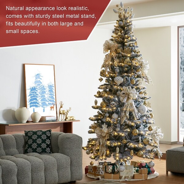 Glitzhome 7.5ft/9ft PreLit Flocked Slim Spruce Artificial Christmas Tree with Warm White Lights