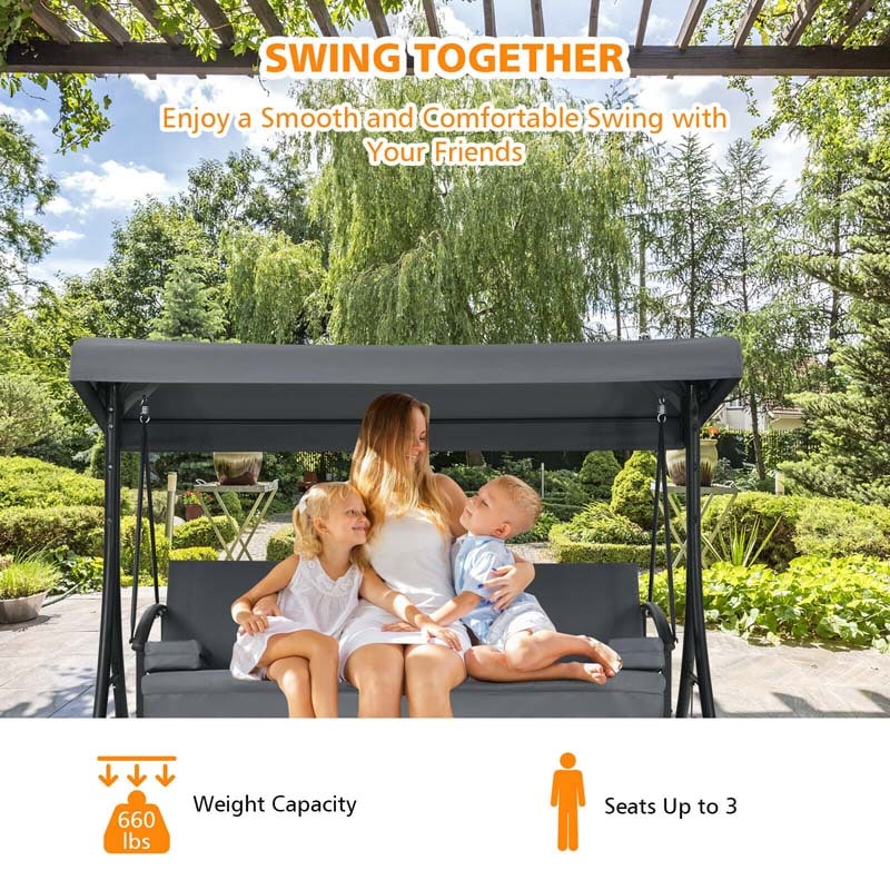 2-in-1 Convertible Metal Porch Swing Chair Bench Glider, 3-Seater Outdoor Patio Swing with Adjustable Tilt Canopy