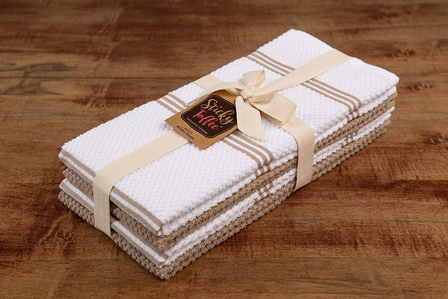 Sticky Toffee Cotton Terry Kitchen Dish Towel， Tan， 4 Pack， 28 in x 16 in