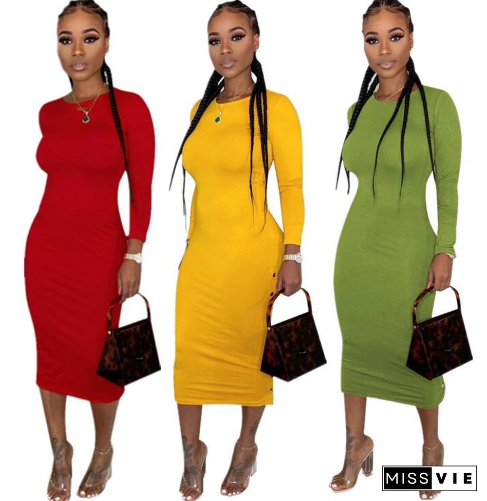 Women Solid Color Round Neck Long Sleeve Slit Maxi Dress