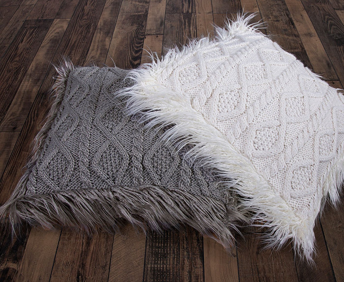 HiEnd Accents Nordic 18x18 Cable Knit Pillow with Mongolian Fur