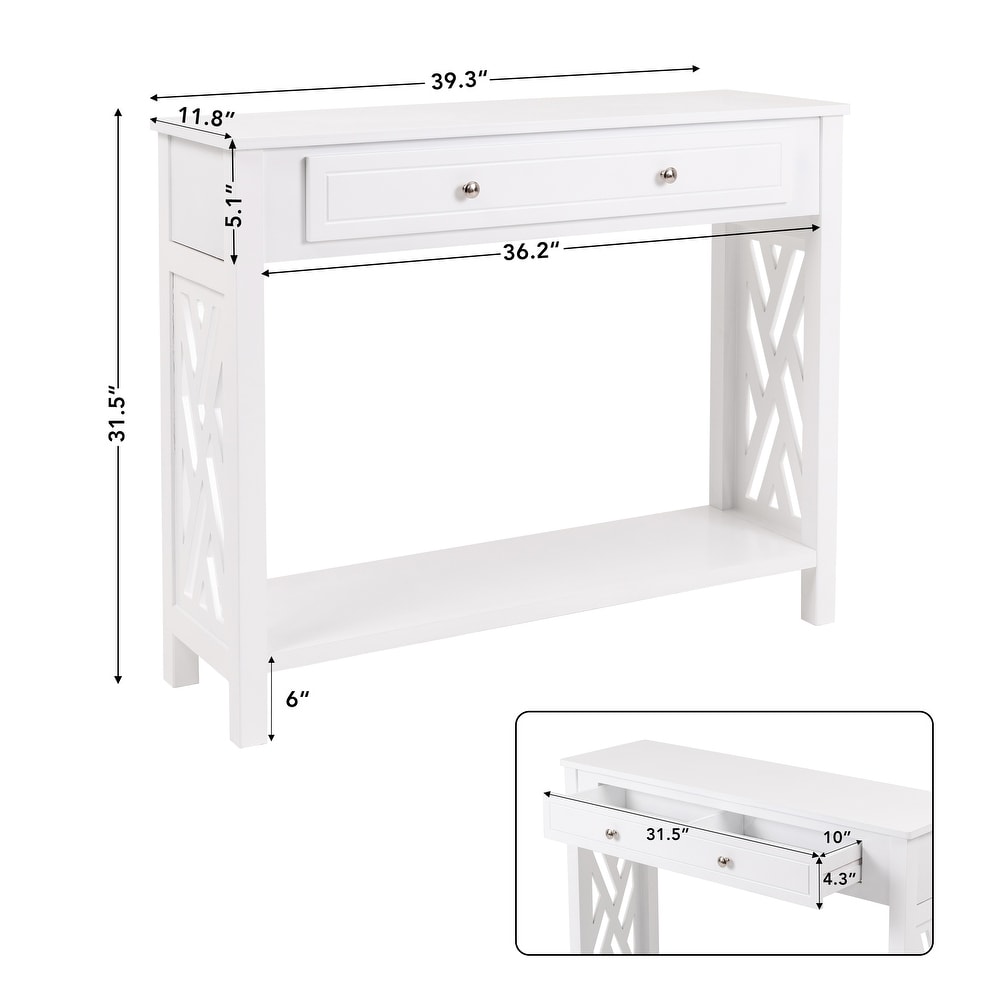 Wood Console Table Entryway Table with Drawer and Shelf  White