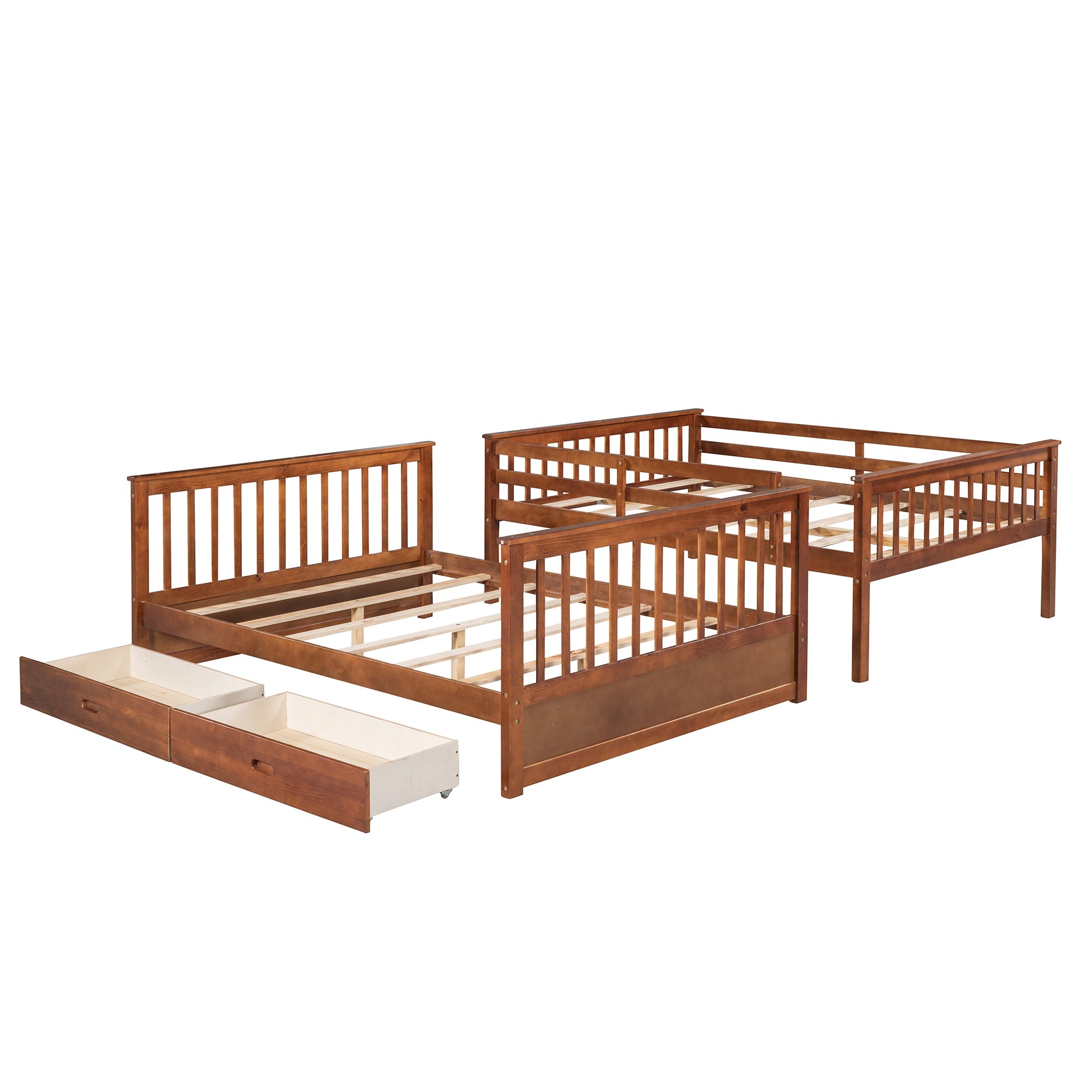 Wood Full Over Full Bunk Bed with Two Storage Drawers and Ladders for Kids Adults,Walnut