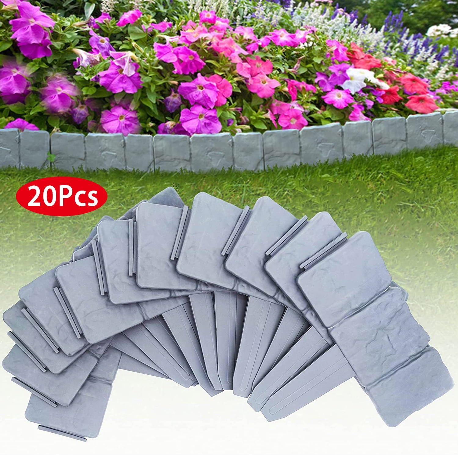 iMounTEK 20Pcs Garden Edging Border Flower Bed Landscape Stone Effect Fence for Lawn Patio Yard Grey