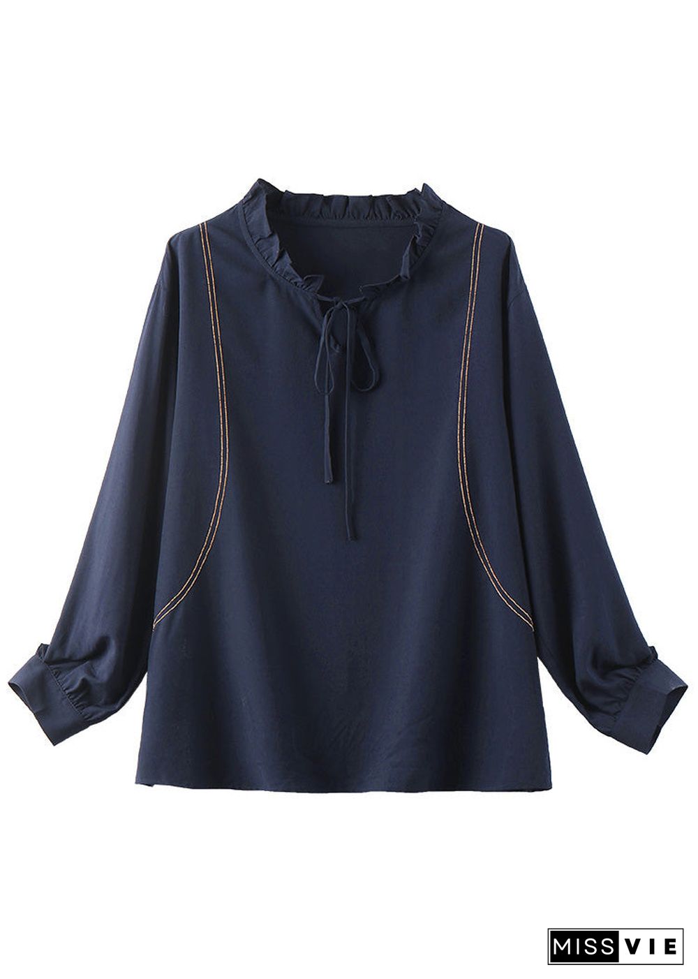 Chic Navy Neck Tie Patchwork Chiffon Shirt Long Sleeve