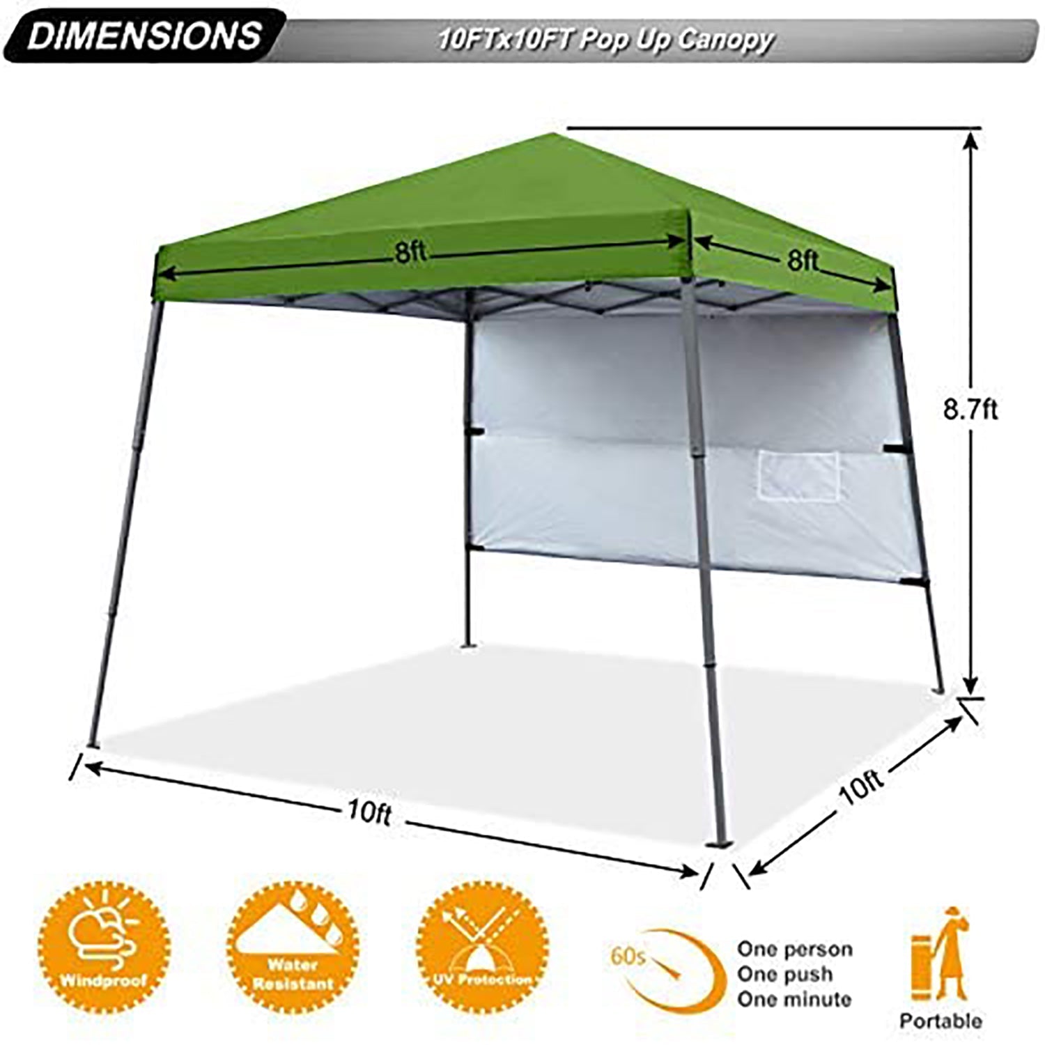 ABCCANOPY 10 ft x 10 ft Outdoor Pop up Slant Leg Canopy Tent with 1 Sun Wall and 1 Backpack Bag - Green