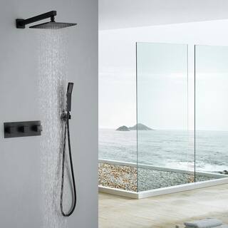 Flynama Modern Wall Mounted Shower Kit 1-Spray 10 in. Square Rain Shower Head with Hand Shower in Matt Black (Valve Included) RB07HS4B