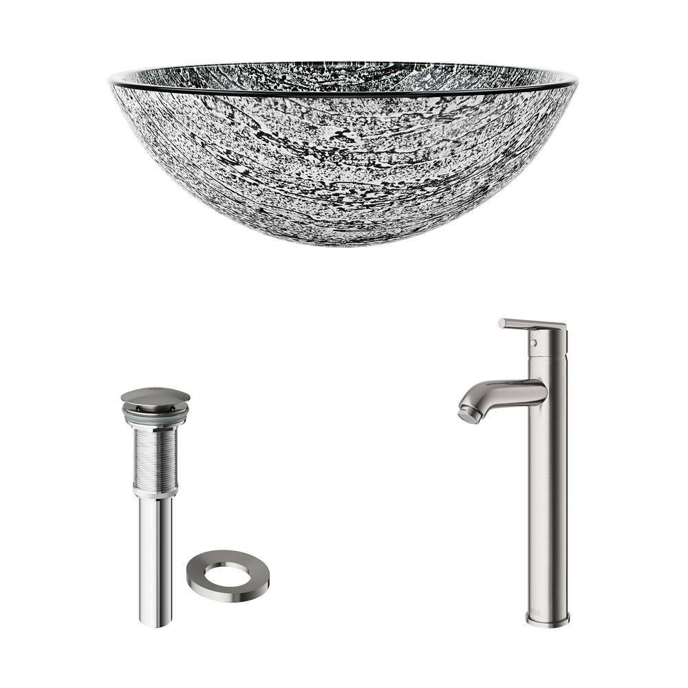 VIGO Glass Round Vessel Bathroom Sink in Titanium Gray with Seville Faucet and Pop-Up Drain in Brushed Nickel VGT827