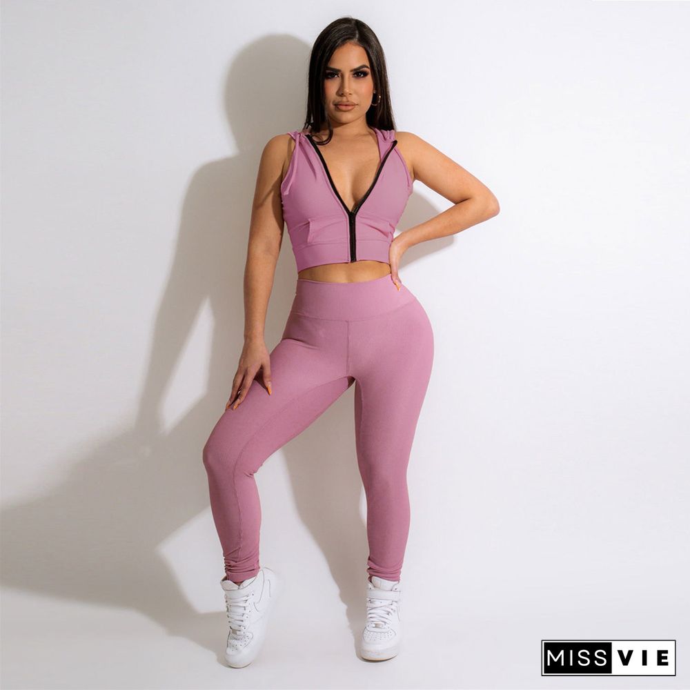 Zipper Hooded Sleeveless Crop Top Skinny Pants Suits