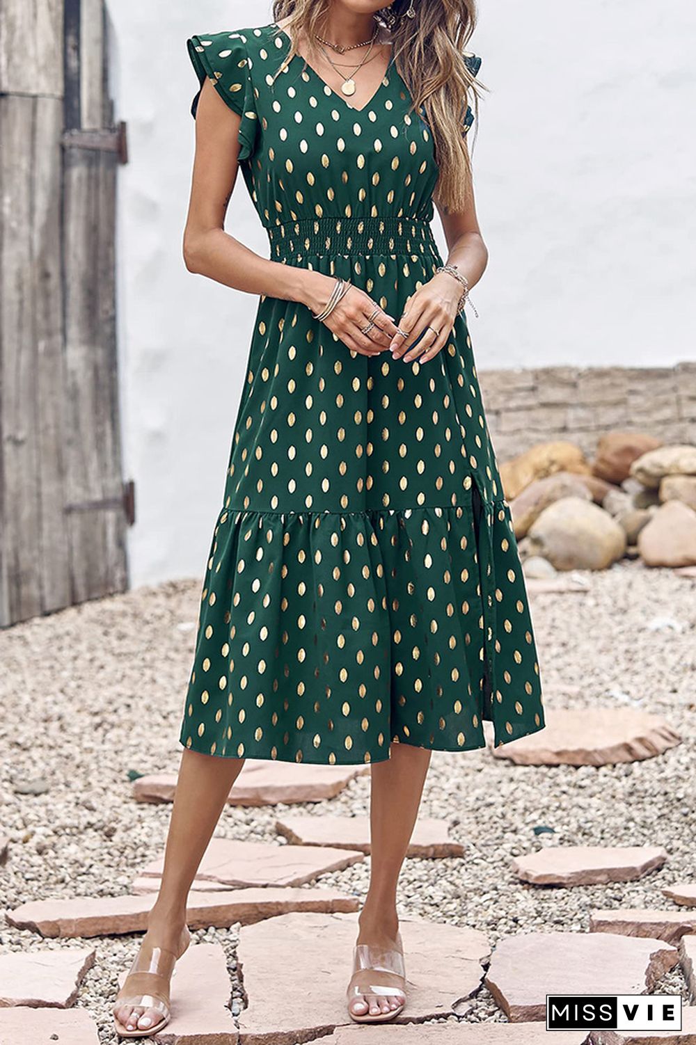 V Neck Foil Spot Print High Waist Midi Dress