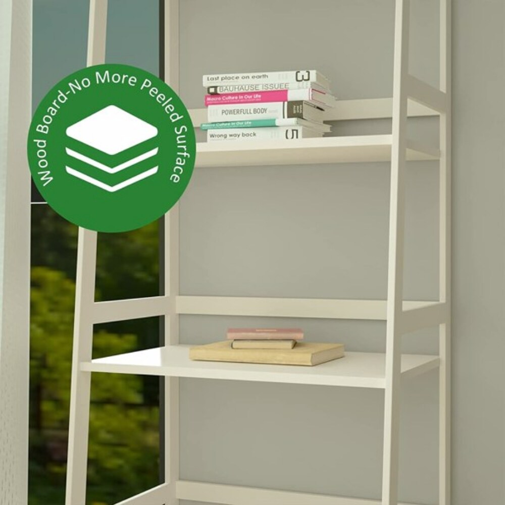 WTZ Bookshelf  Ladder Shelf  5 Tier Bamboo Bookcase  Modern Open Book Case for Bedroom  Living Room  Office  White