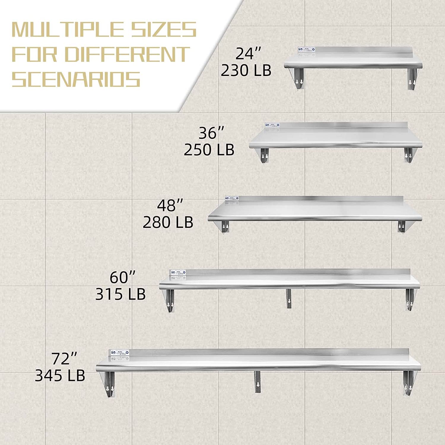 Stainless Steel Shelf 230 lb, NSF Commercial Wall Mount Floating Shelving for Restaurant, Kitchen, Home and Hotel