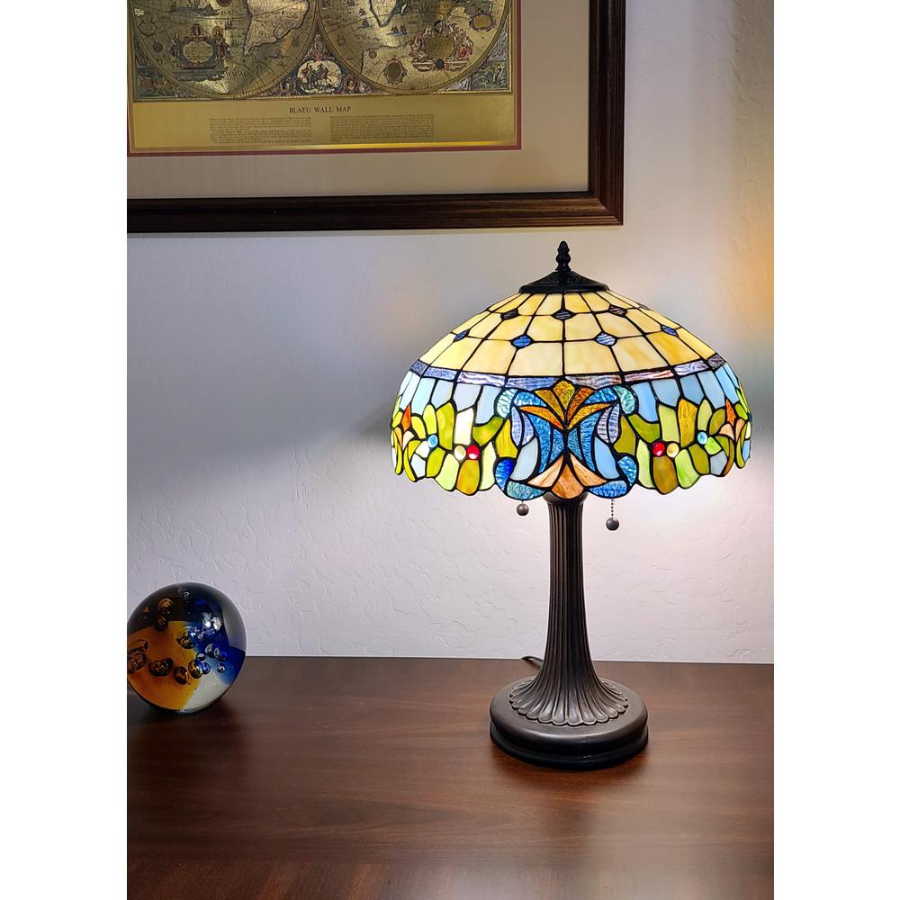 23" Stained Glass Two Light Jeweled Floral Accent Table Lamp