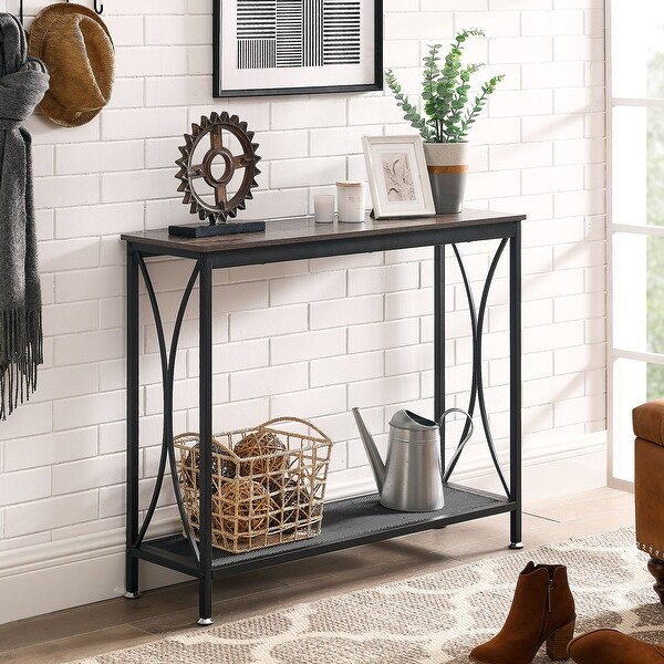 VECELO， Rustic Brown Narrow Console Table Entryway Table，Sofa Table with Metal Mesh Storage Shelf