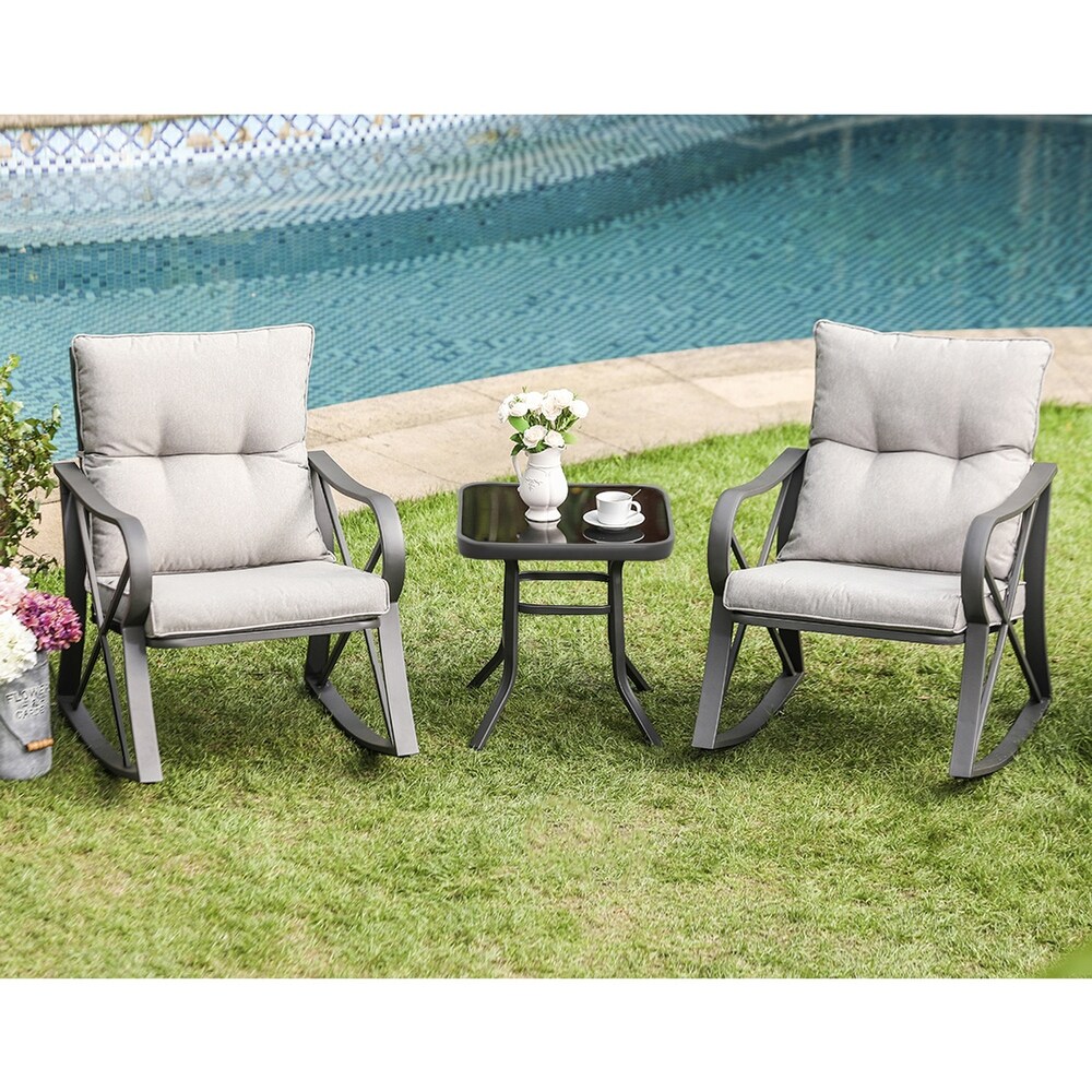 COSIEST 3 piece Outdoor Rocking Chair Chat Set with Side Table