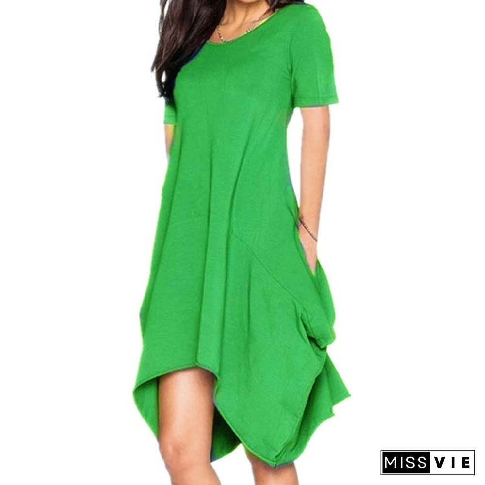 Summer Women's Fashion Solid Color Tunics Irregular T-Shirt Dresses Loose Casual O-Neck Chiffon Short Sleeves Dress Sexy Beach Dress Plus Size Pocket Dress Ruffles Party Mini Dress S-7Xl