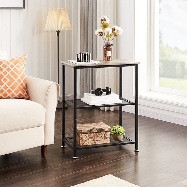 Modern End Side Tables/Nightstands with 2-Tier Metal Mesh Storage Shelf