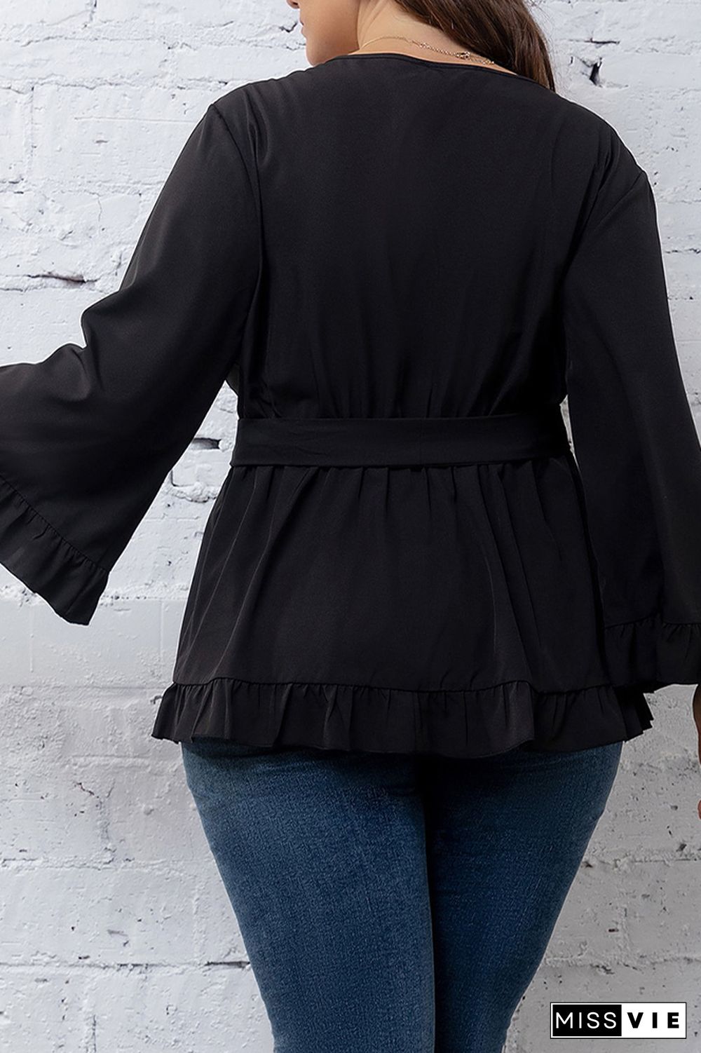 Black Surplice V Neck Flare Sleeves Plus Size Top