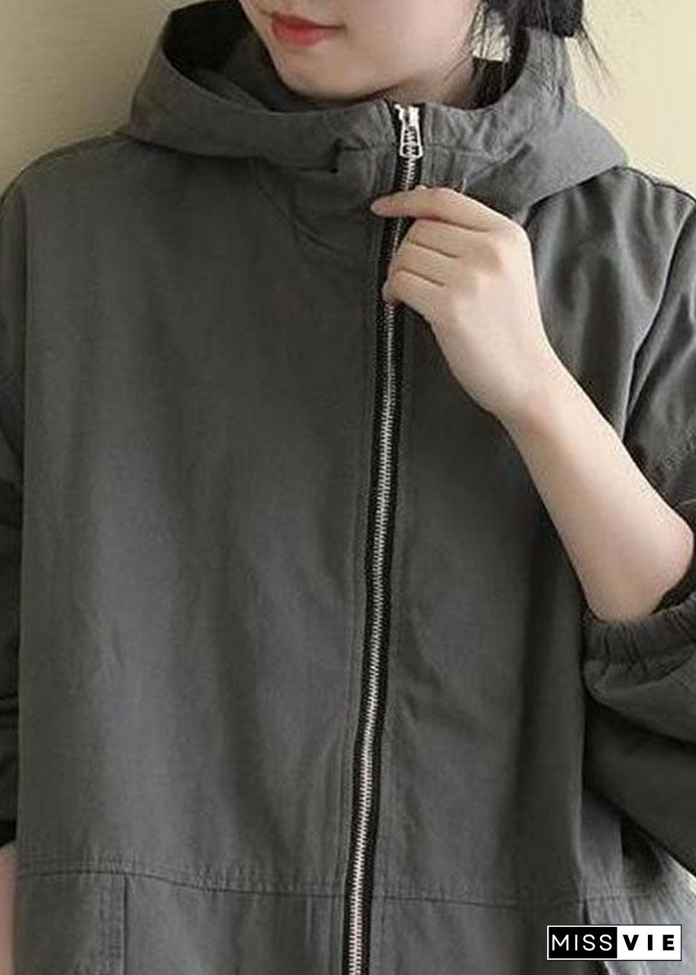 Luxury Grey hooded Loose drawstring Winter Cotton Coats Long sleeve