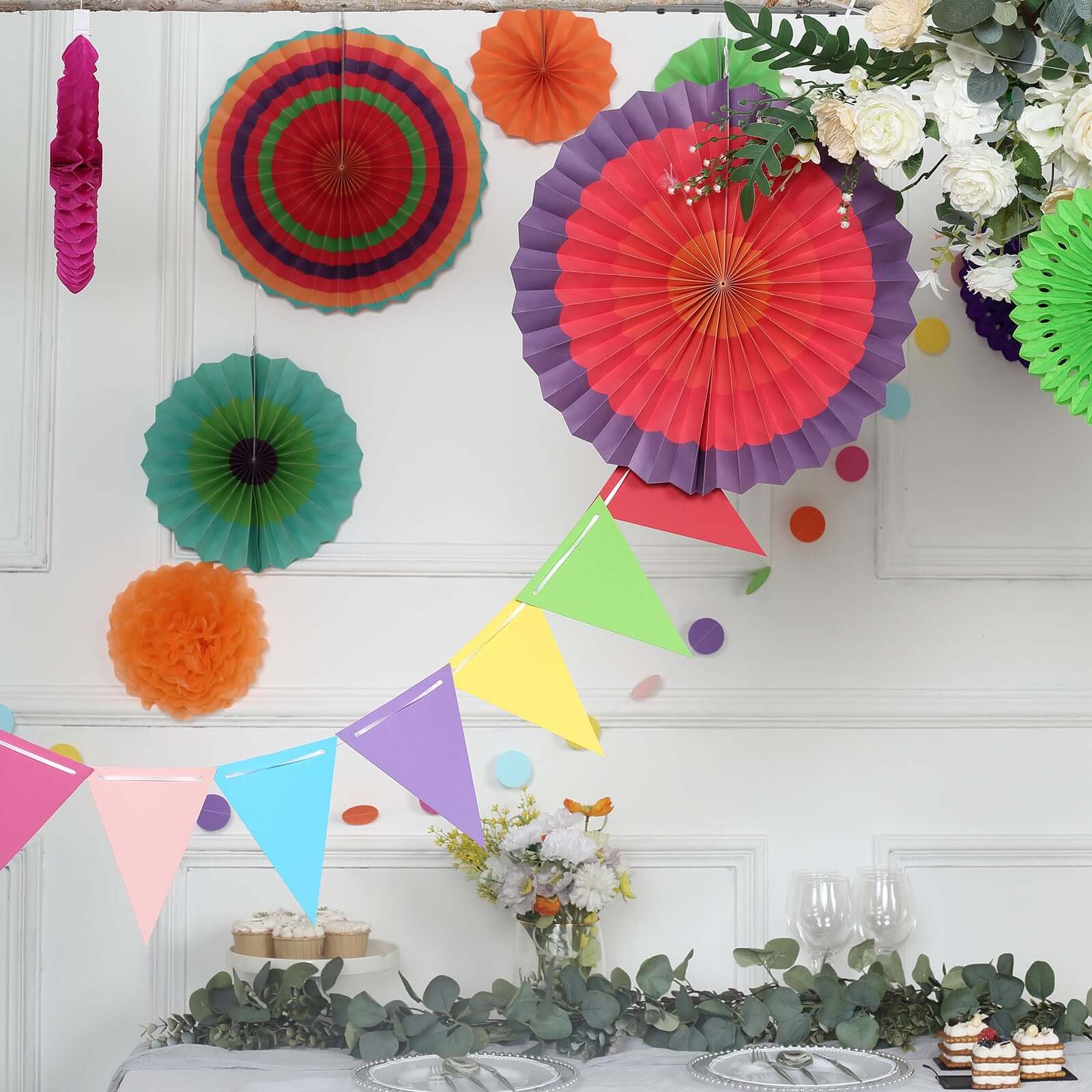 20Pcs Multicolored Hanging Fiesta Themed Party Decorations Kit, Paper Fans, Pom Pom Flowers, Polka Dot and Bunting Flag Garlands Included