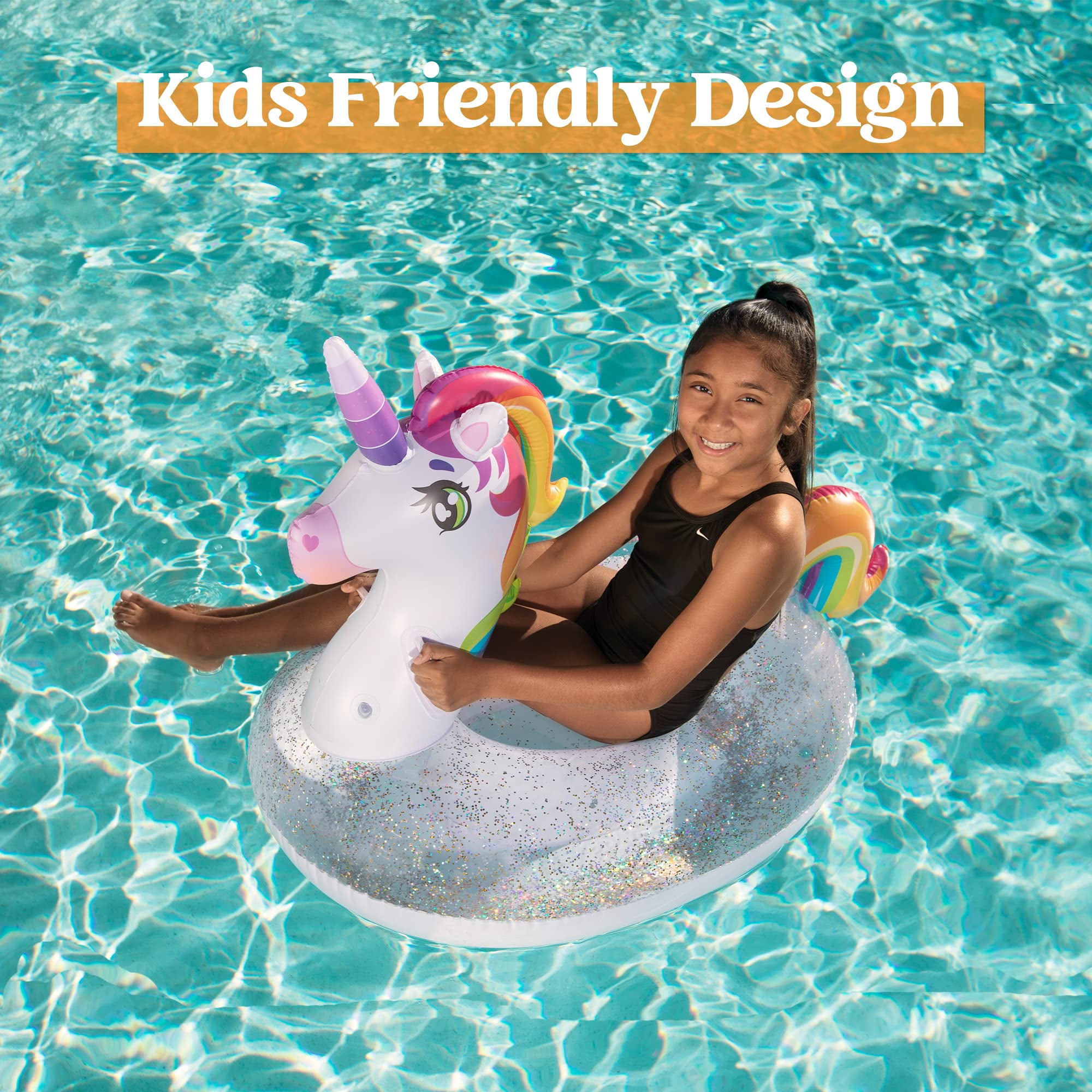 JOYIN Inflatable Unicorn Pool Float with Glitters, Fun Beach Floaties, Ride On Unicorn Raft, Pool Toys, Summer Party Lounge Raft Decorations for Kids (69” x 29.5” x33.5”)